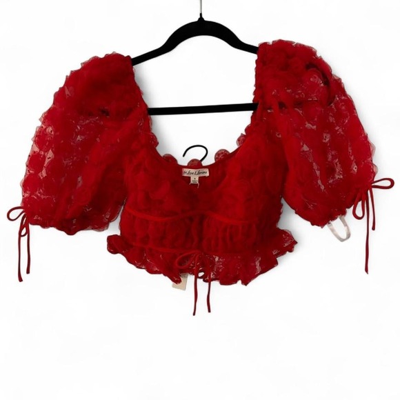 For love and lemons Hannah Crop Top Red Floral Puff Sleeve NWT Rosette Bustier - Picture 4 of 7